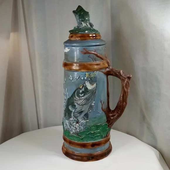 Hand Painted Largemouth Bass Ceramic Stein Tankard With Lid